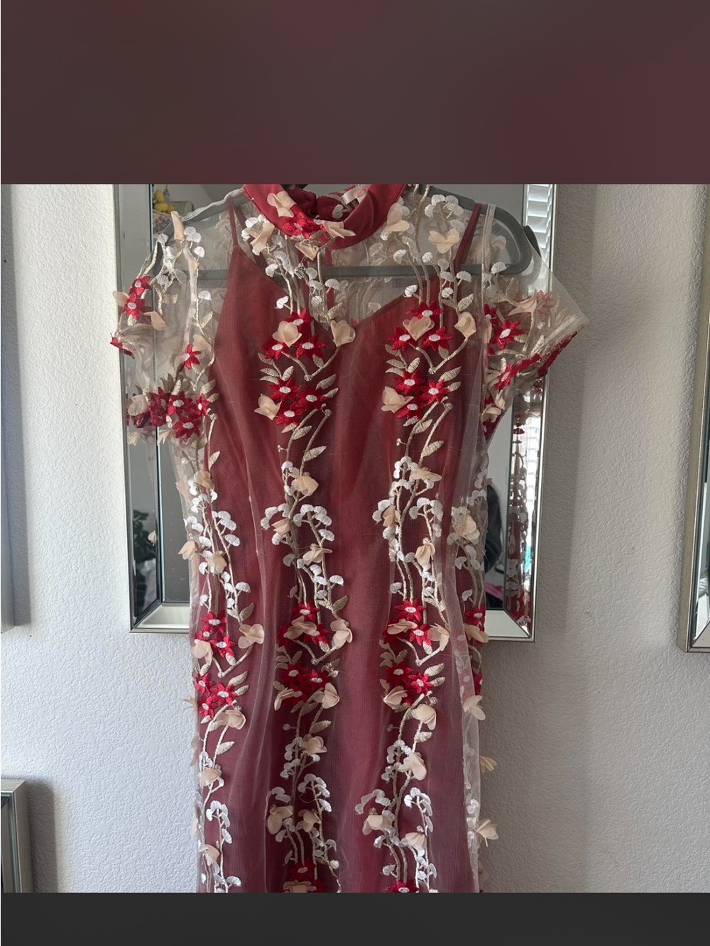 Embroidered Floral Mesh Overlay Dress in Burgundy